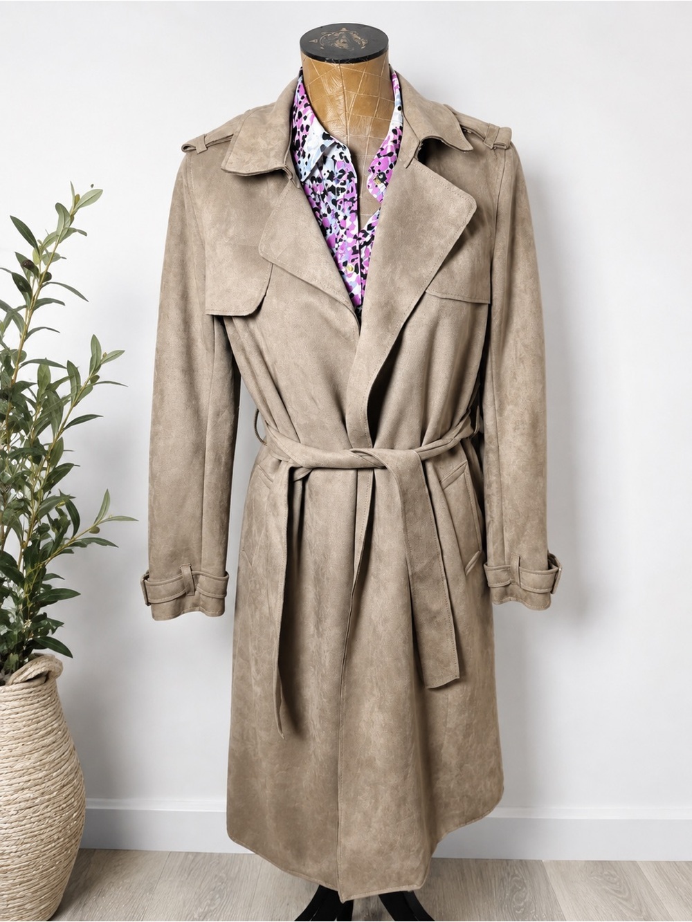 Magaschoni Faux Suede Belted Trench Coat Taupe XS Women’s
